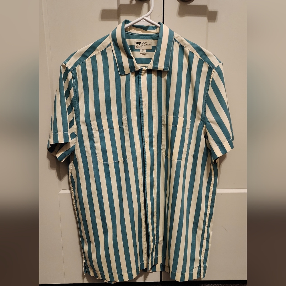 Used J. Crew Short-sleeve slub cotton camp-collar shirt, Medium, Green Stripe
